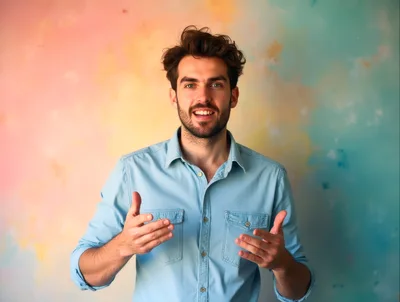 Young Man Gesturing While Talking Against Colorful Background