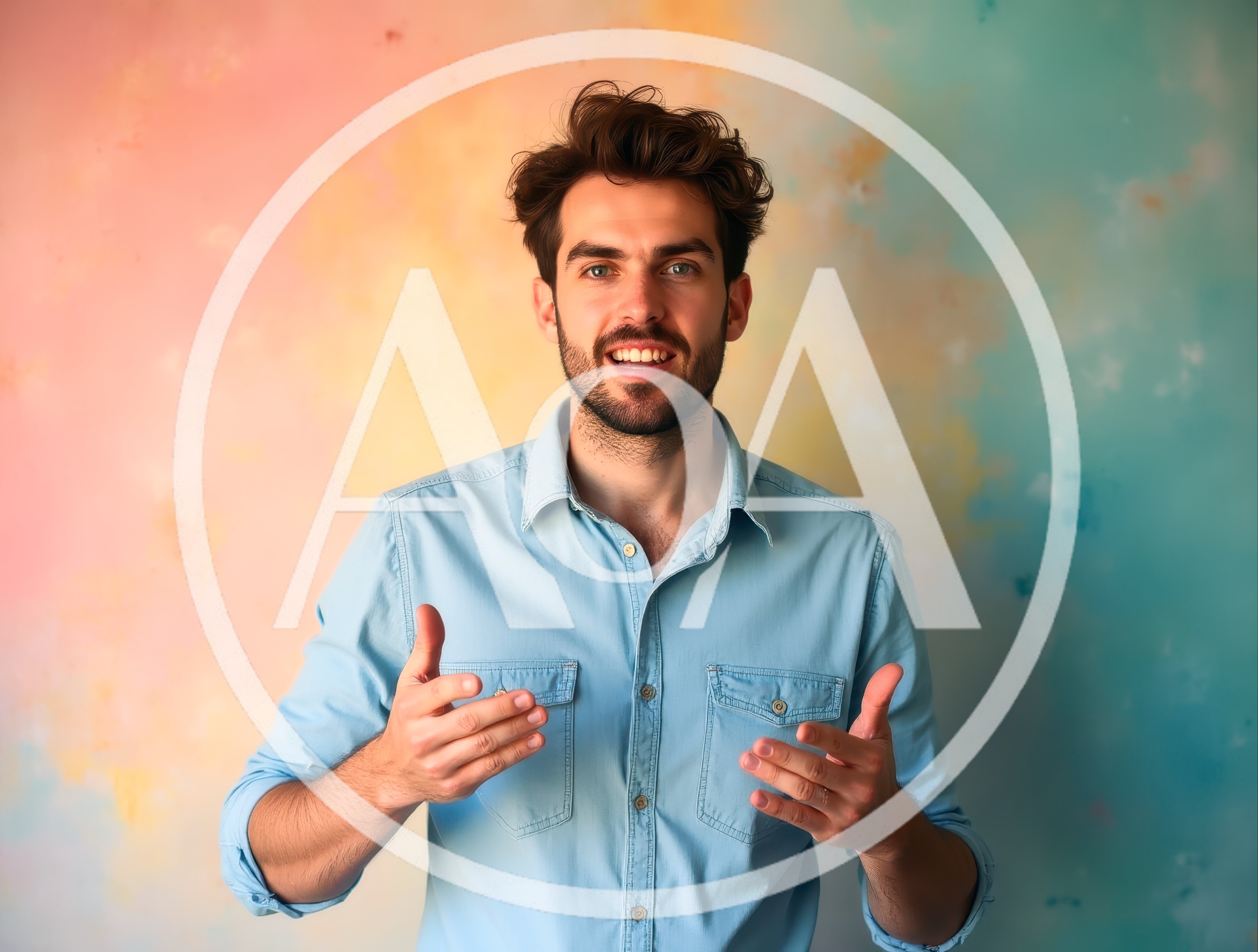 Young Man Gesturing While Talking Against Colorful Background