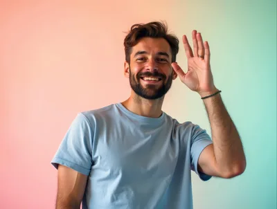 Smiling Man Waving Hello Against Gradient Background
