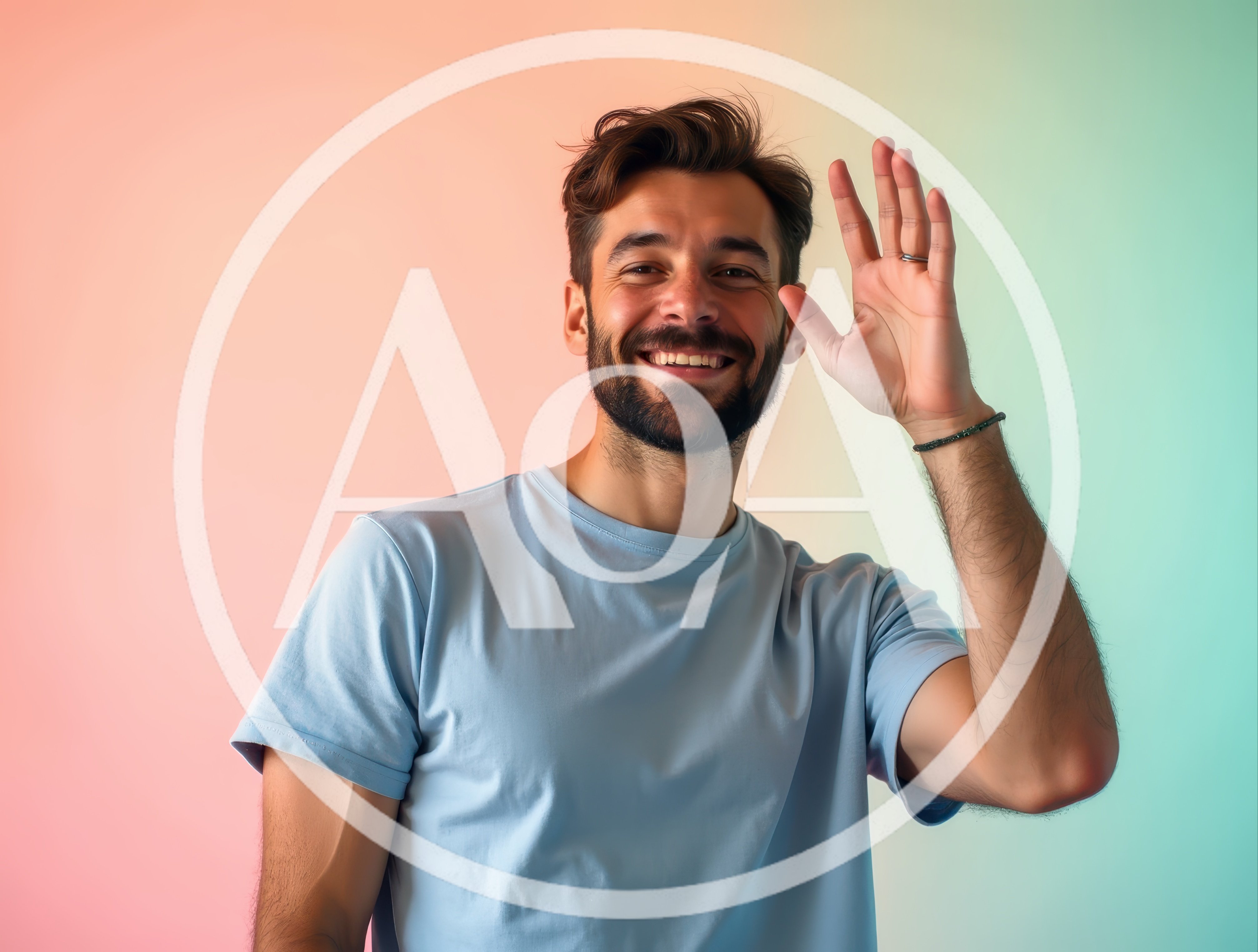 Smiling Man Waving Hello Against Gradient Background
