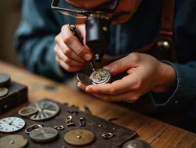 Watchmaker Repairing An Antique Pocket Watch With Magnifying Tool