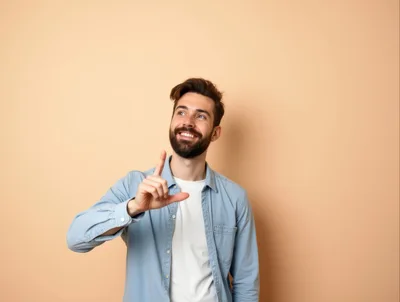 Smiling Man Pointing Upwards Against Beige Background