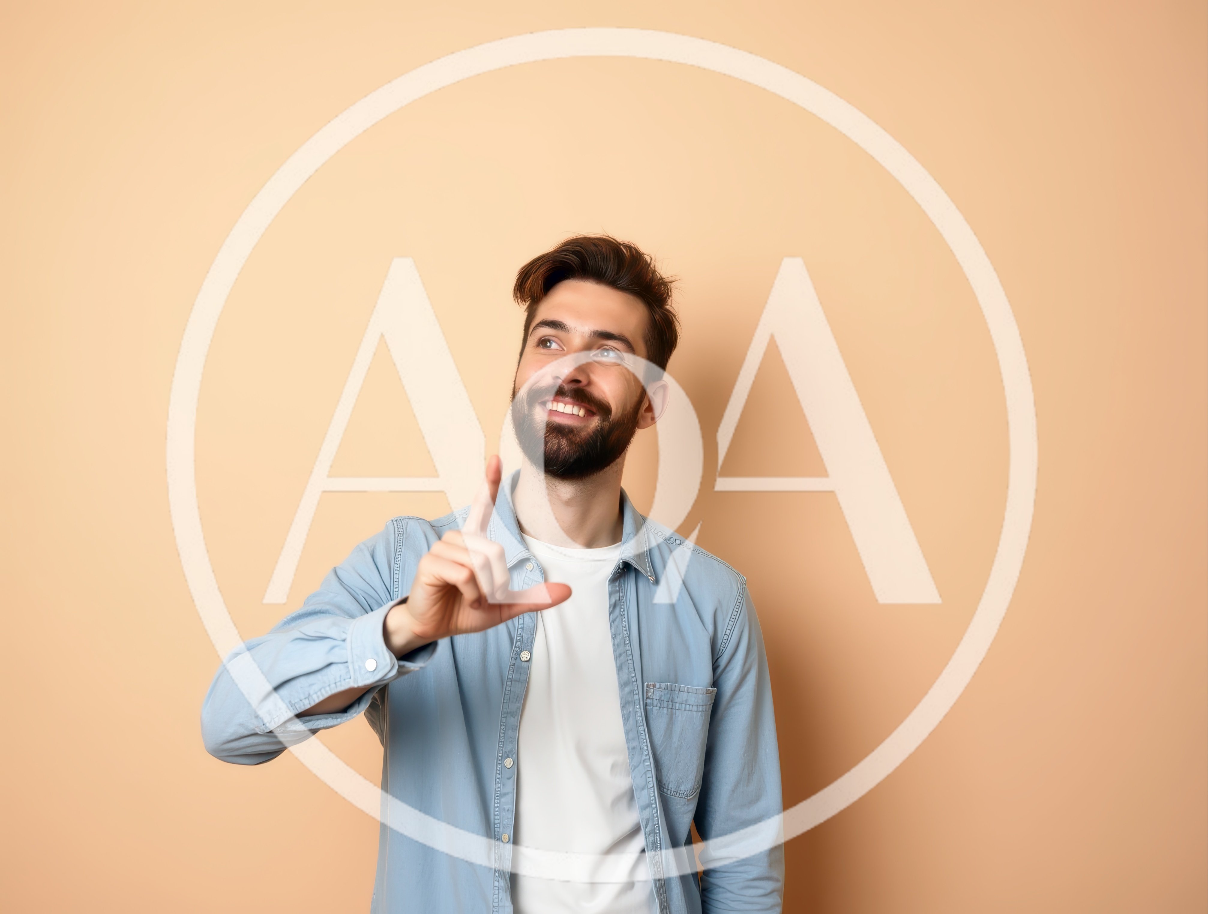 Smiling Man Pointing Upwards Against Beige Background
