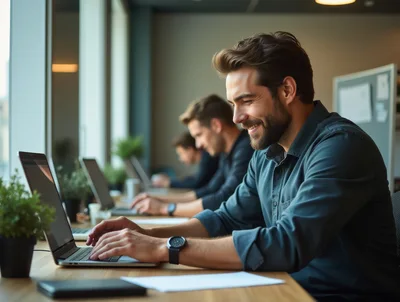 Professional Men Working On Laptops In Modern Office