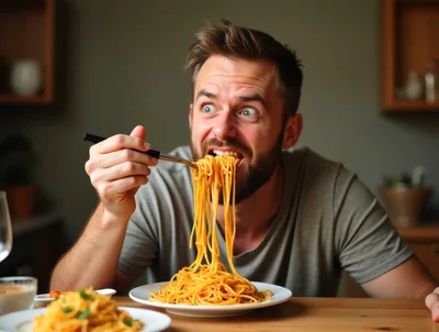 Man Eating Spaghetti With Intense Expression