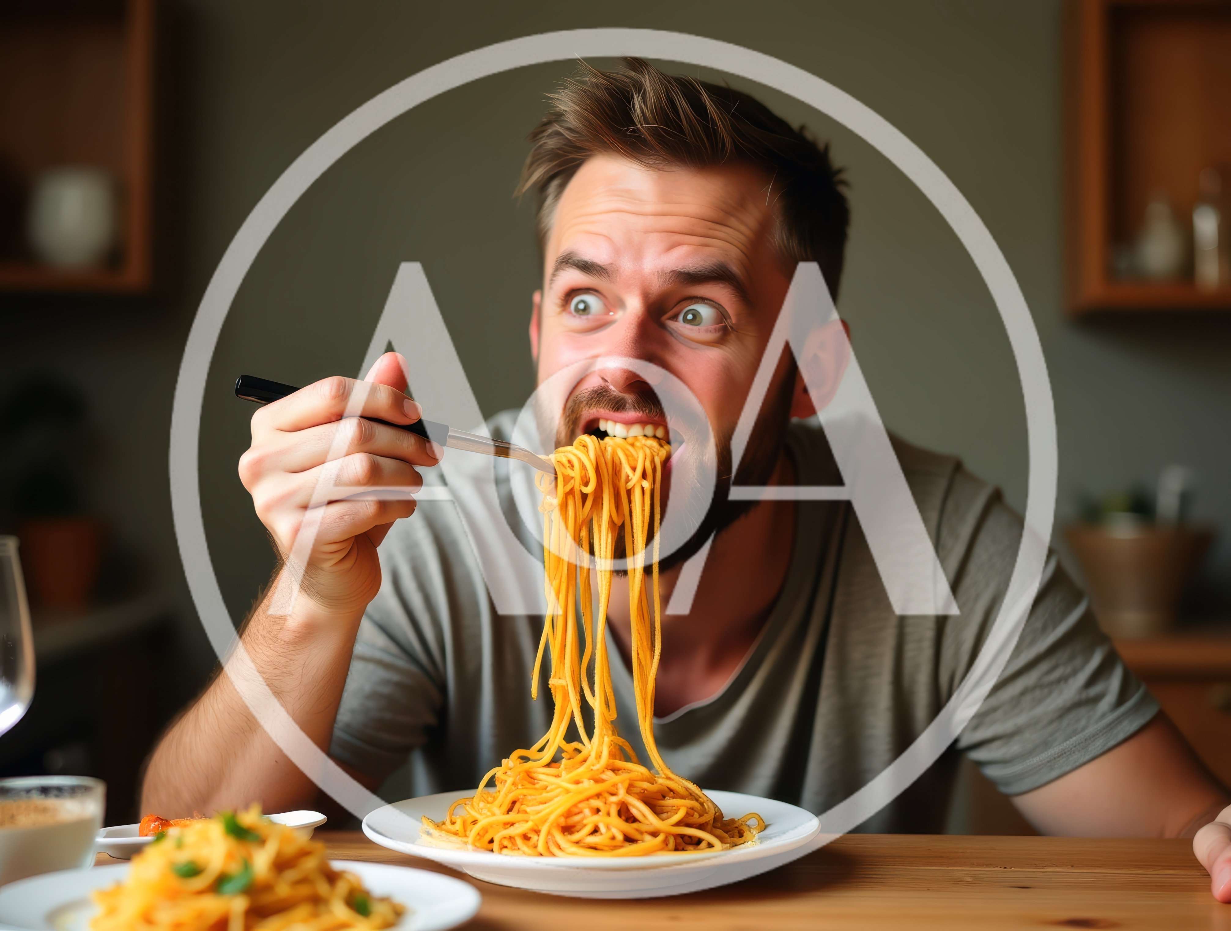Man Eating Spaghetti With Intense Expression