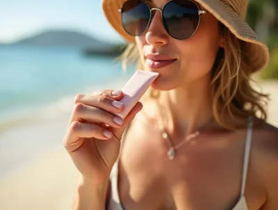 Woman Applying Sunscreen On A Sunny Beach