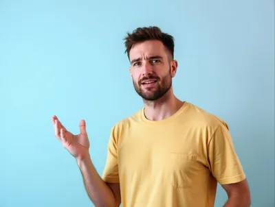 Confused Man Gesturing With Hand Against Blue Background