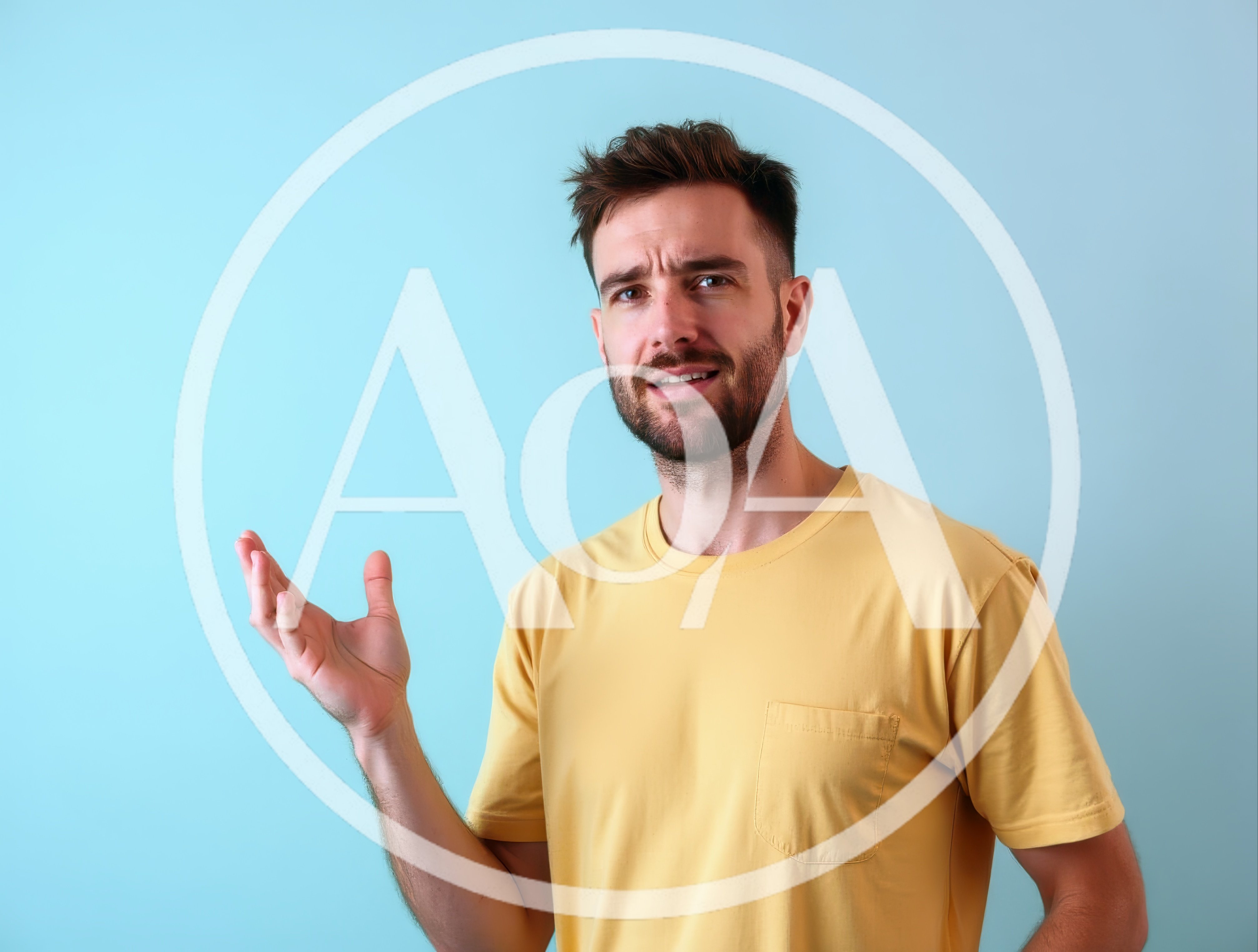 Confused Man Gesturing With Hand Against Blue Background