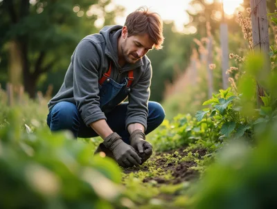 Young Man Gardening In A Sunny Vegetable Patch