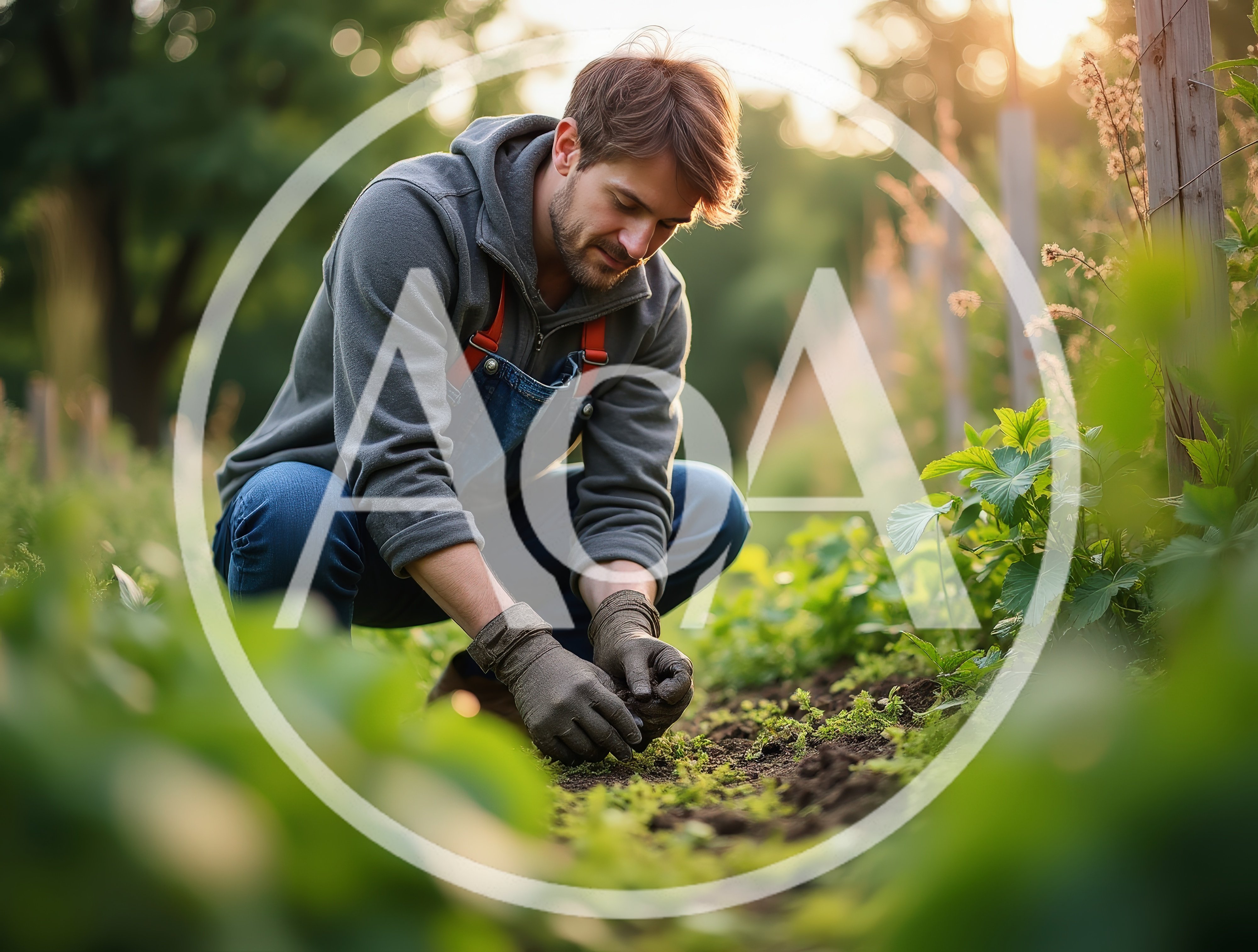 Young Man Gardening In A Sunny Vegetable Patch