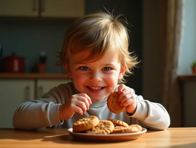 Happy Toddler Eating Cookies at Kitchen Table