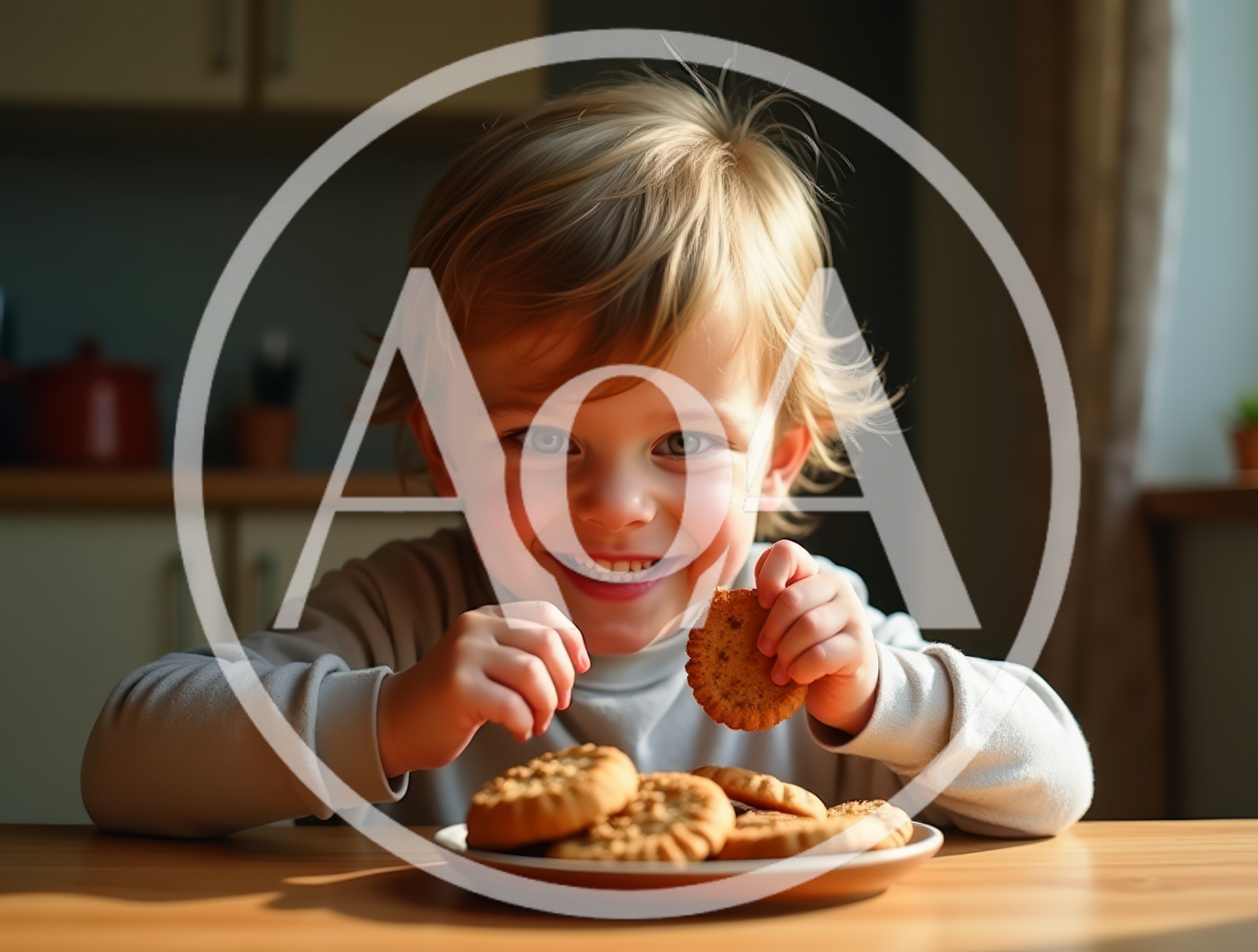 Happy Toddler Eating Cookies at Kitchen Table