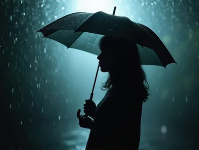 Silhouette Of A Woman Holding An Umbrella In Rain