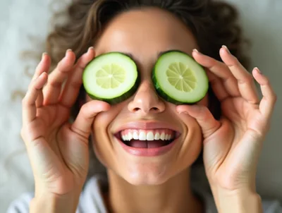Happy Woman Holding Cucumber Slices Over Eyes