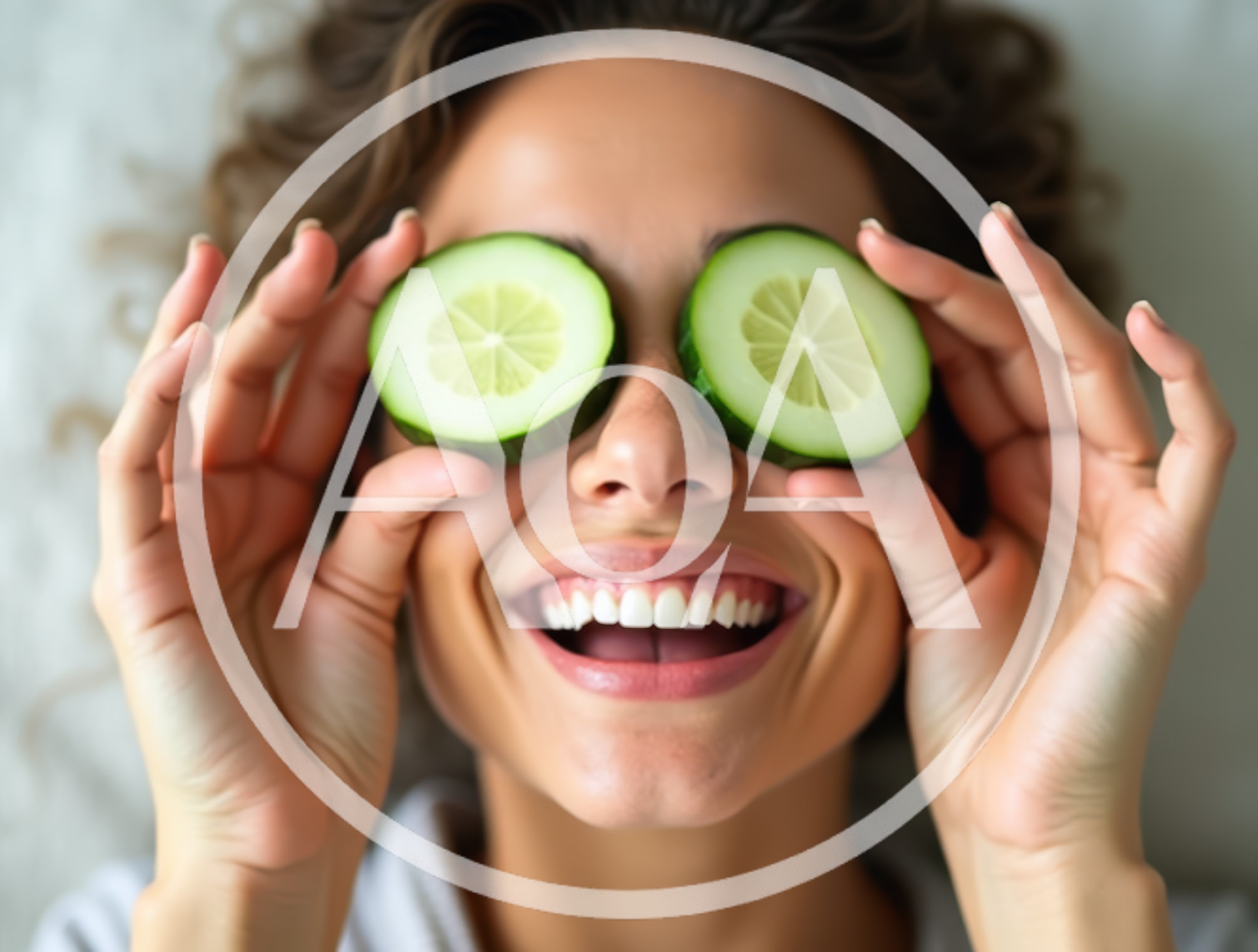 Happy Woman Holding Cucumber Slices Over Eyes