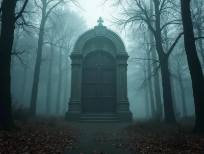 Stone Mausoleum Standing In A Misty Forest