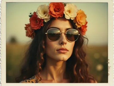 Young Woman Wearing Floral Crown And Sunglasses