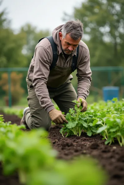 Mature Gardener Tending To Young Vegetable Plants