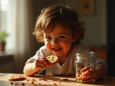Happy Toddler Eating Chocolate Chip Cookies at Home