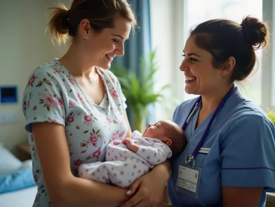 New Mother Holding Newborn Baby With Nurse In Hospital