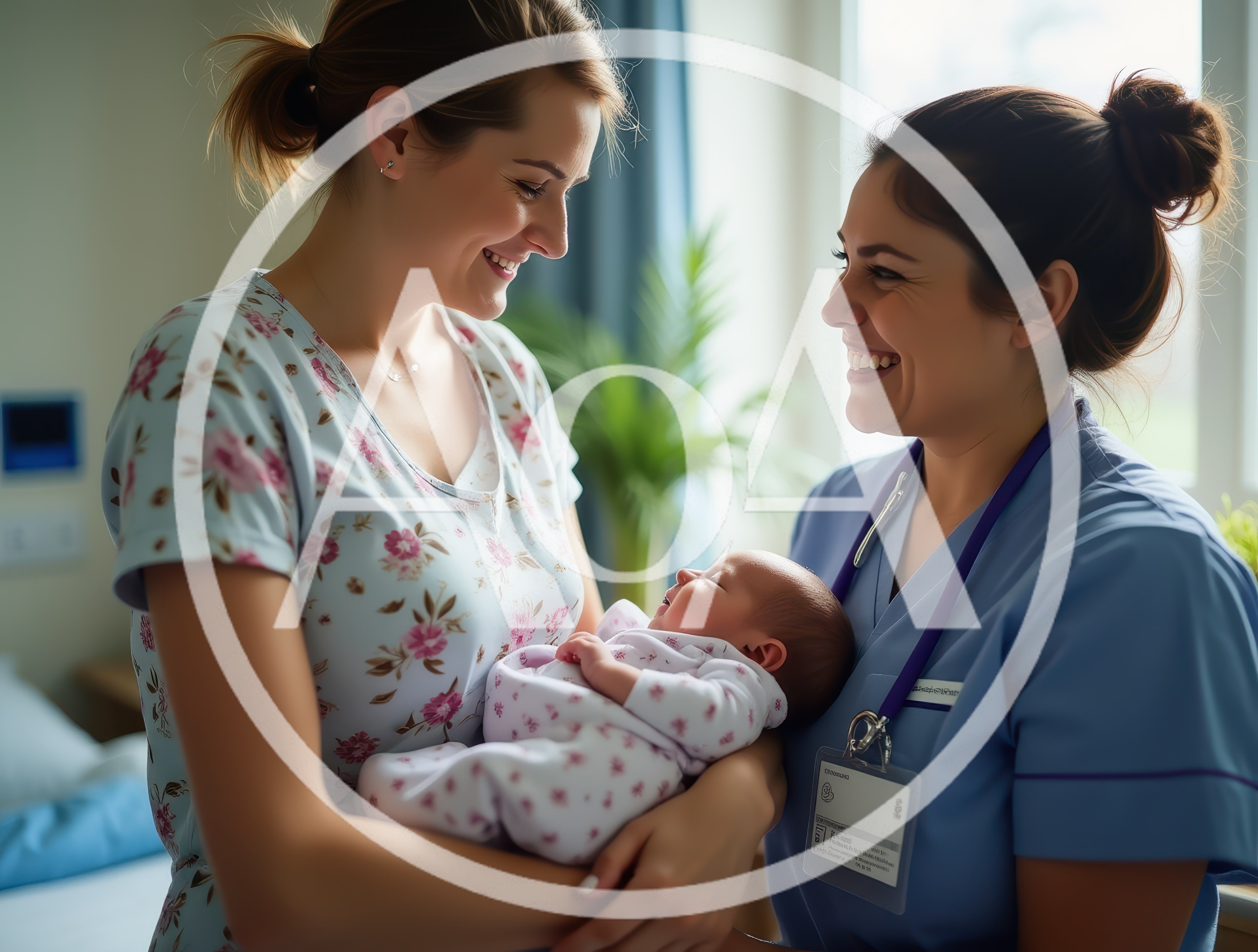 New Mother Holding Newborn Baby With Nurse In Hospital