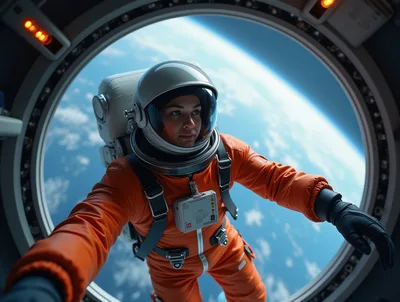 Astronaut In Orange Spacesuit Floating Inside Space Station