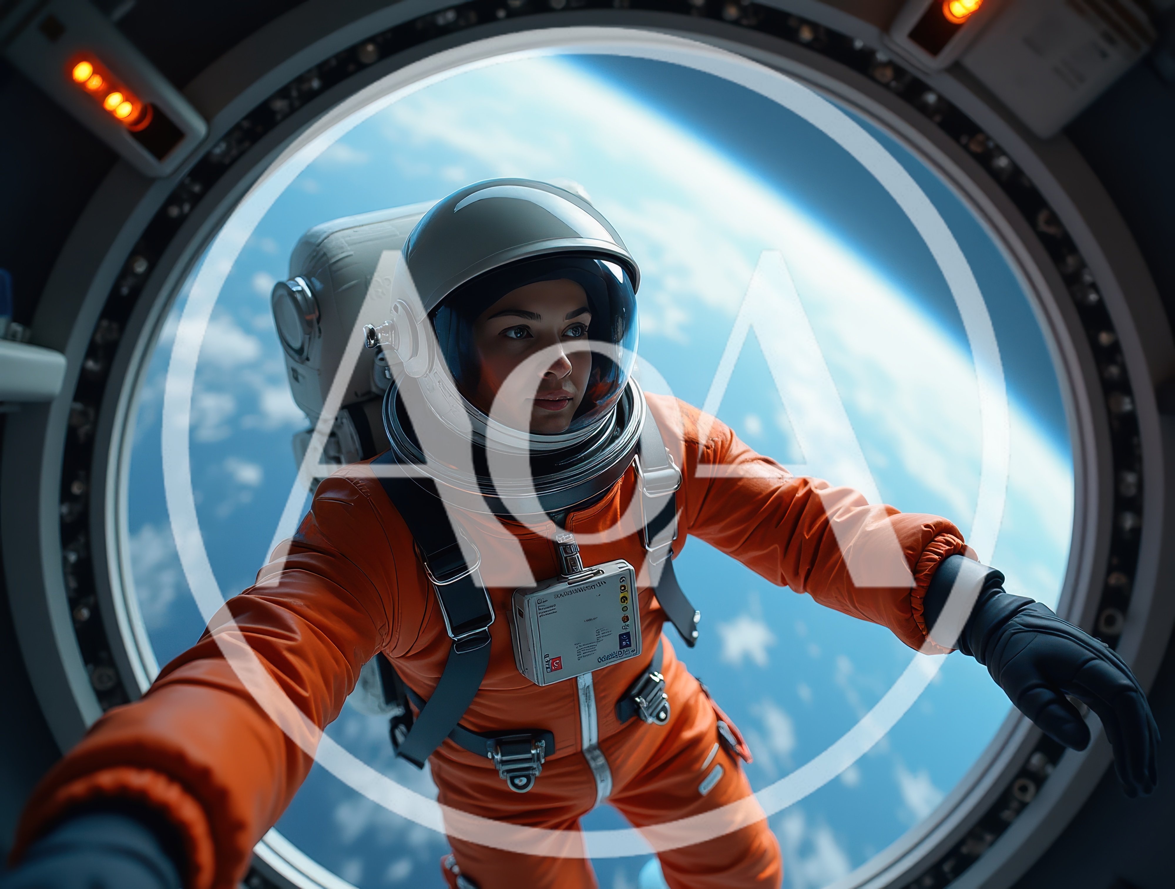 Astronaut In Orange Spacesuit Floating Inside Space Station
