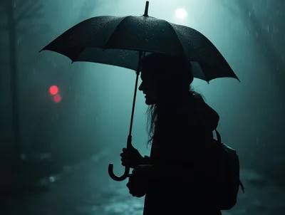 Silhouette Of A Woman Walking With An Umbrella In Rain