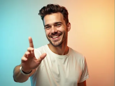 Smiling Young Man Reaching Out Towards Camera