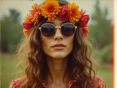 Young Woman Wearing Floral Crown And Sunglasses