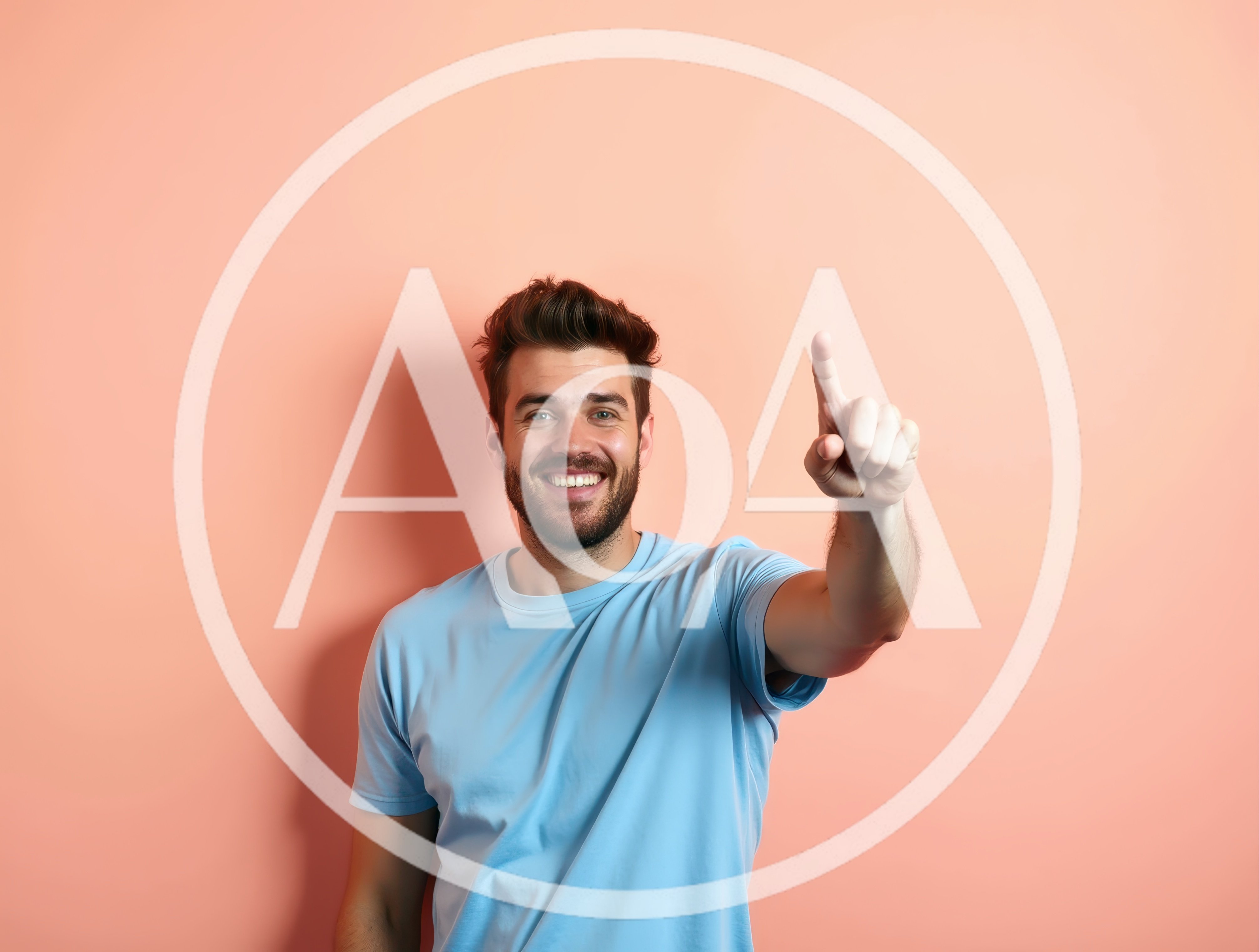 Smiling Man Pointing Upwards Against Peach Background