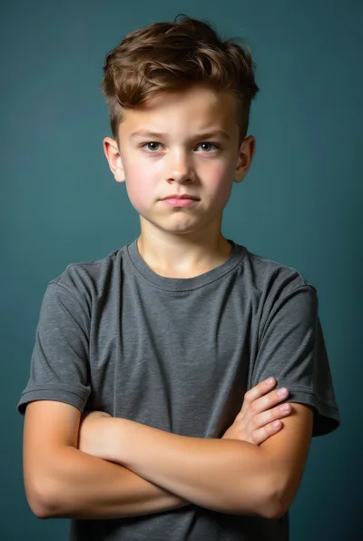 Portrait Of A Serious Young Boy With Crossed Arms