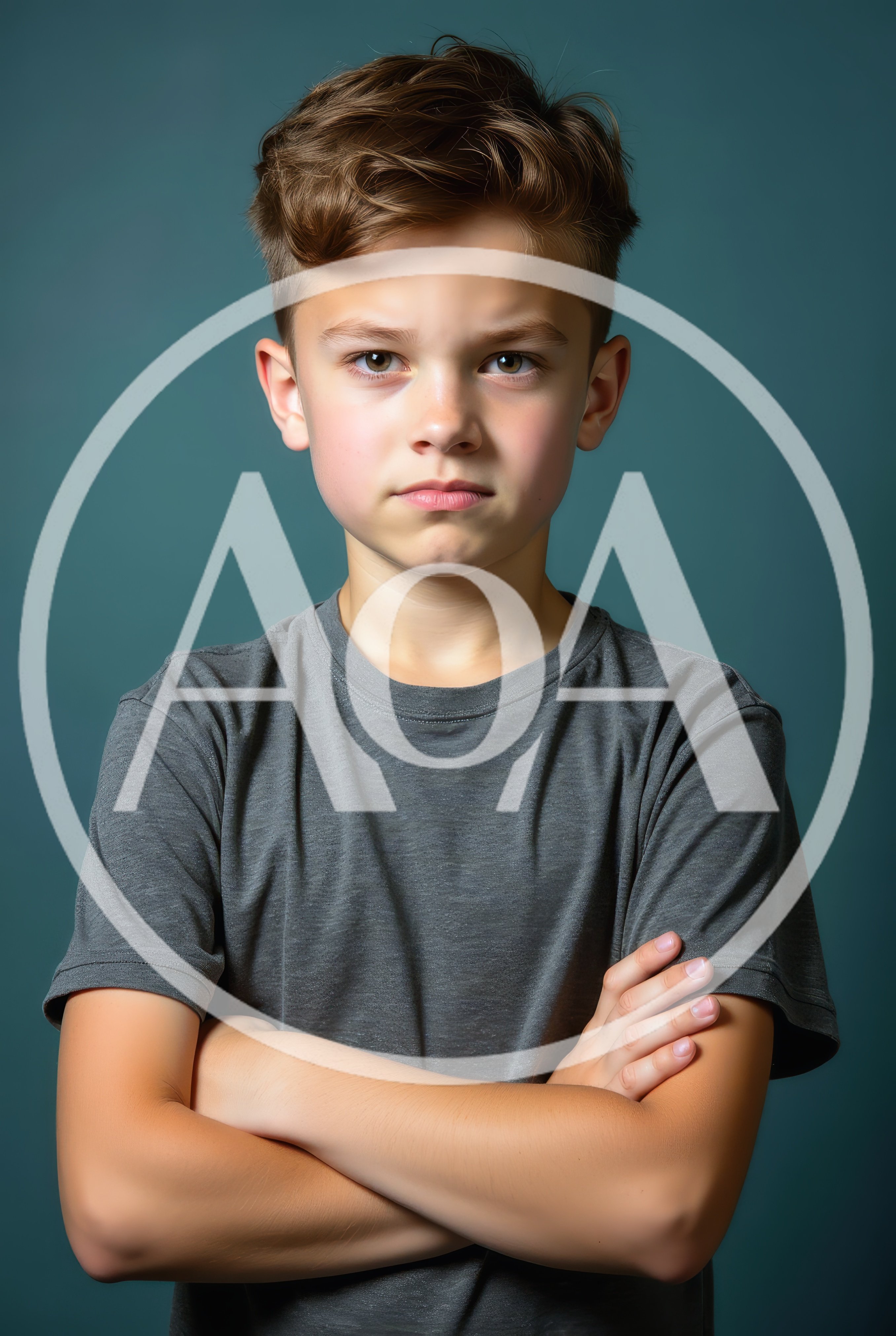 Portrait Of A Serious Young Boy With Crossed Arms