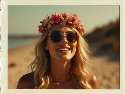 Smiling Blonde Woman Wearing Flower Crown On Beach