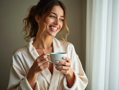 Smiling Woman Holding A Coffee Cup In A Robe