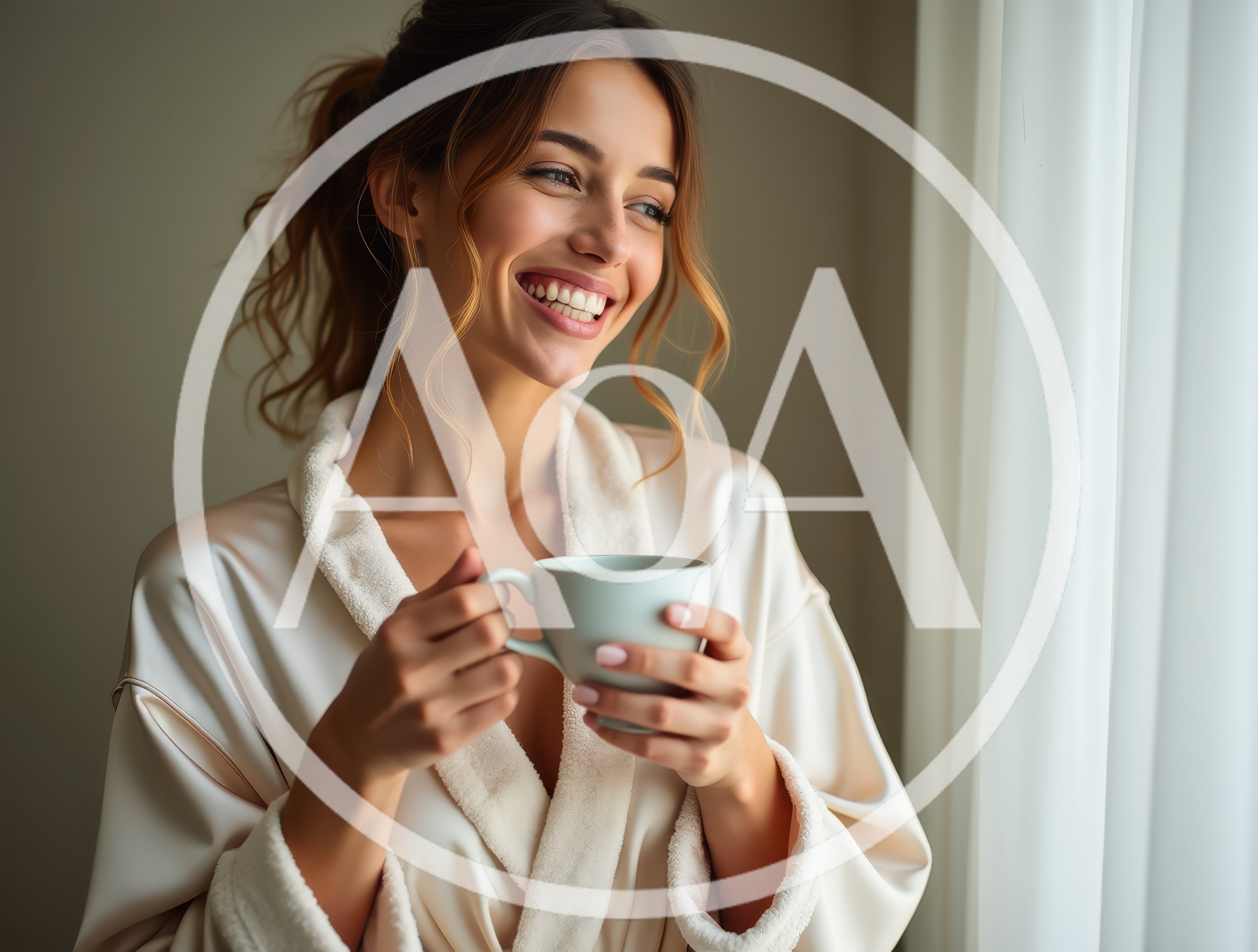 Smiling Woman Holding A Coffee Cup In A Robe