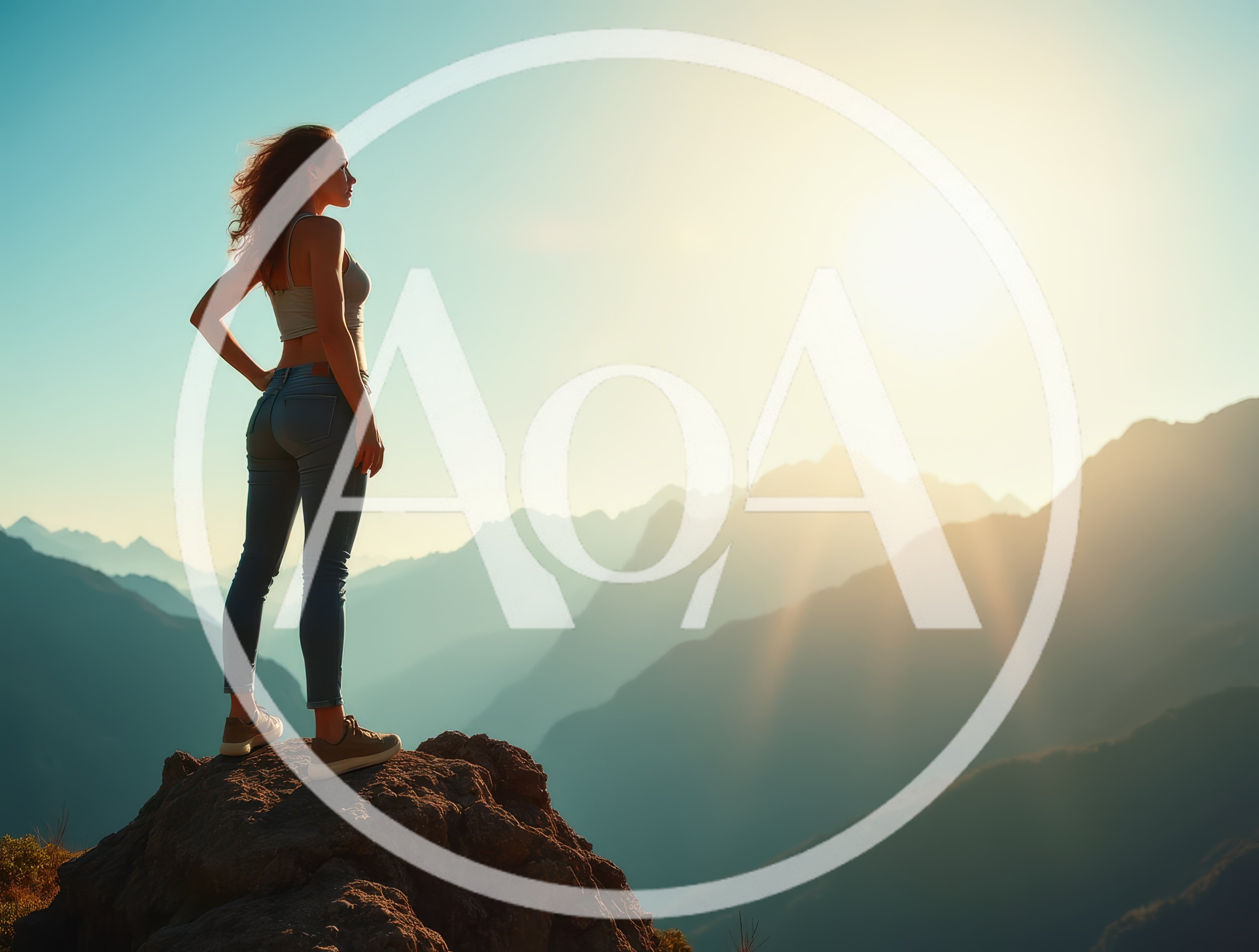 Woman Standing On Mountain Peak At Sunset