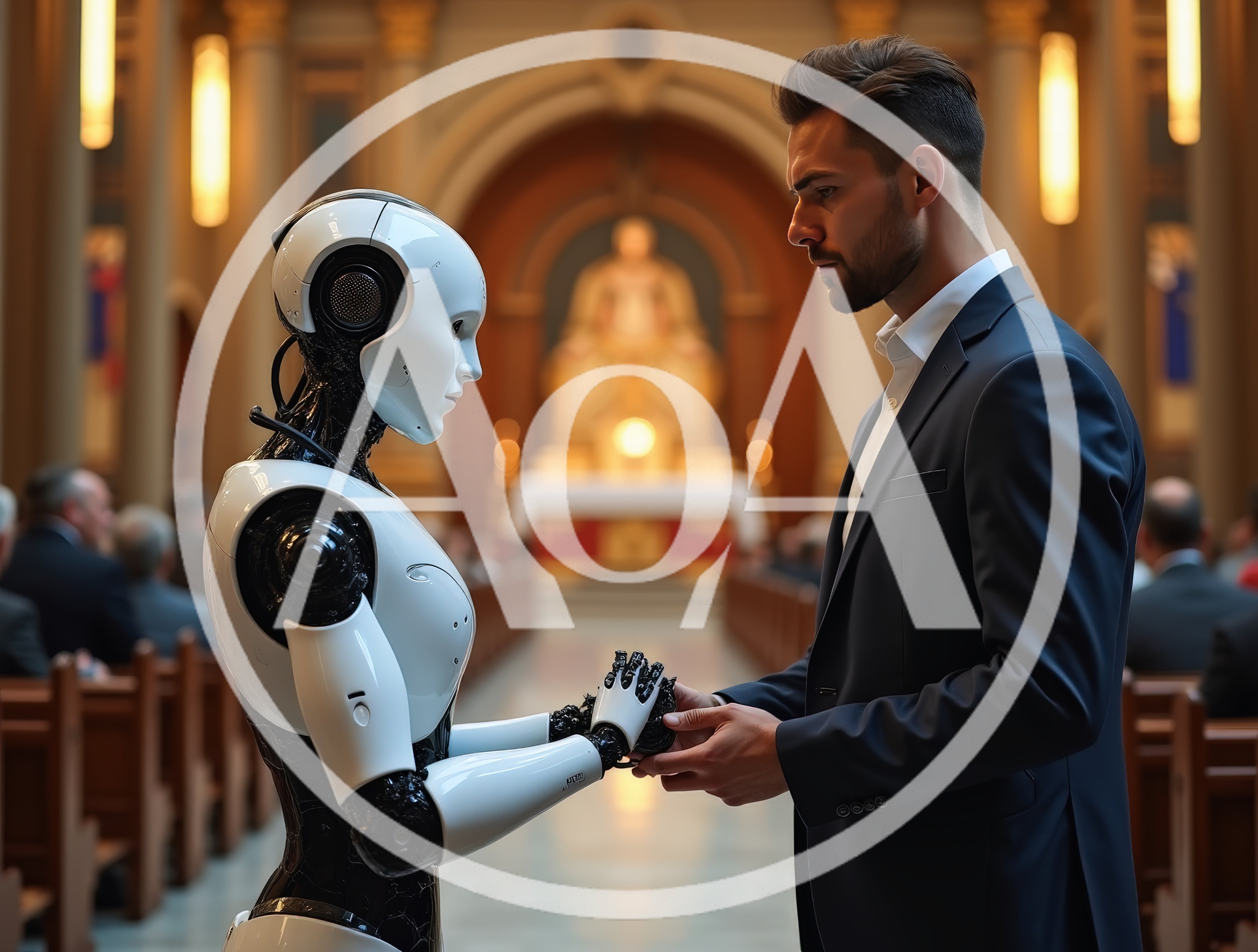 Man Holding Hands With Humanoid Robot In Church