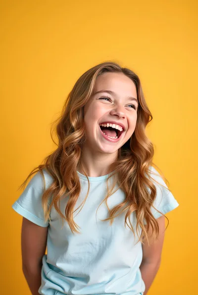 Happy Young Girl Laughing Against Yellow Background