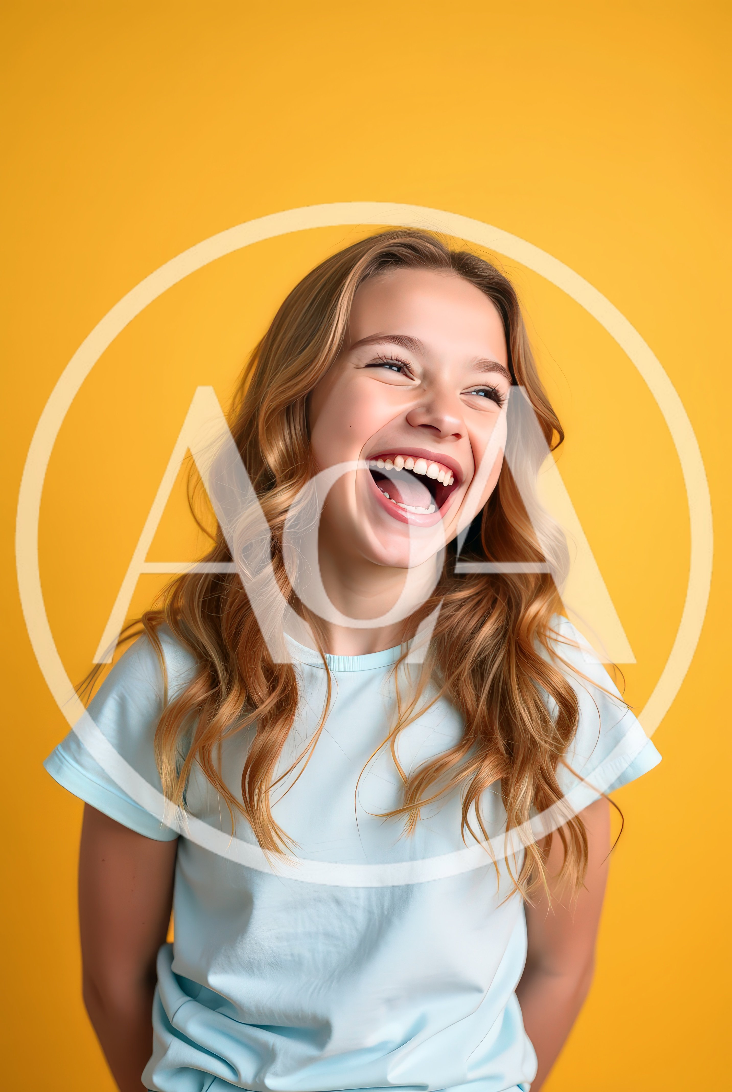 Happy Young Girl Laughing Against Yellow Background