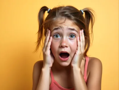 Surprised Young Girl With Pigtails Looking At Camera