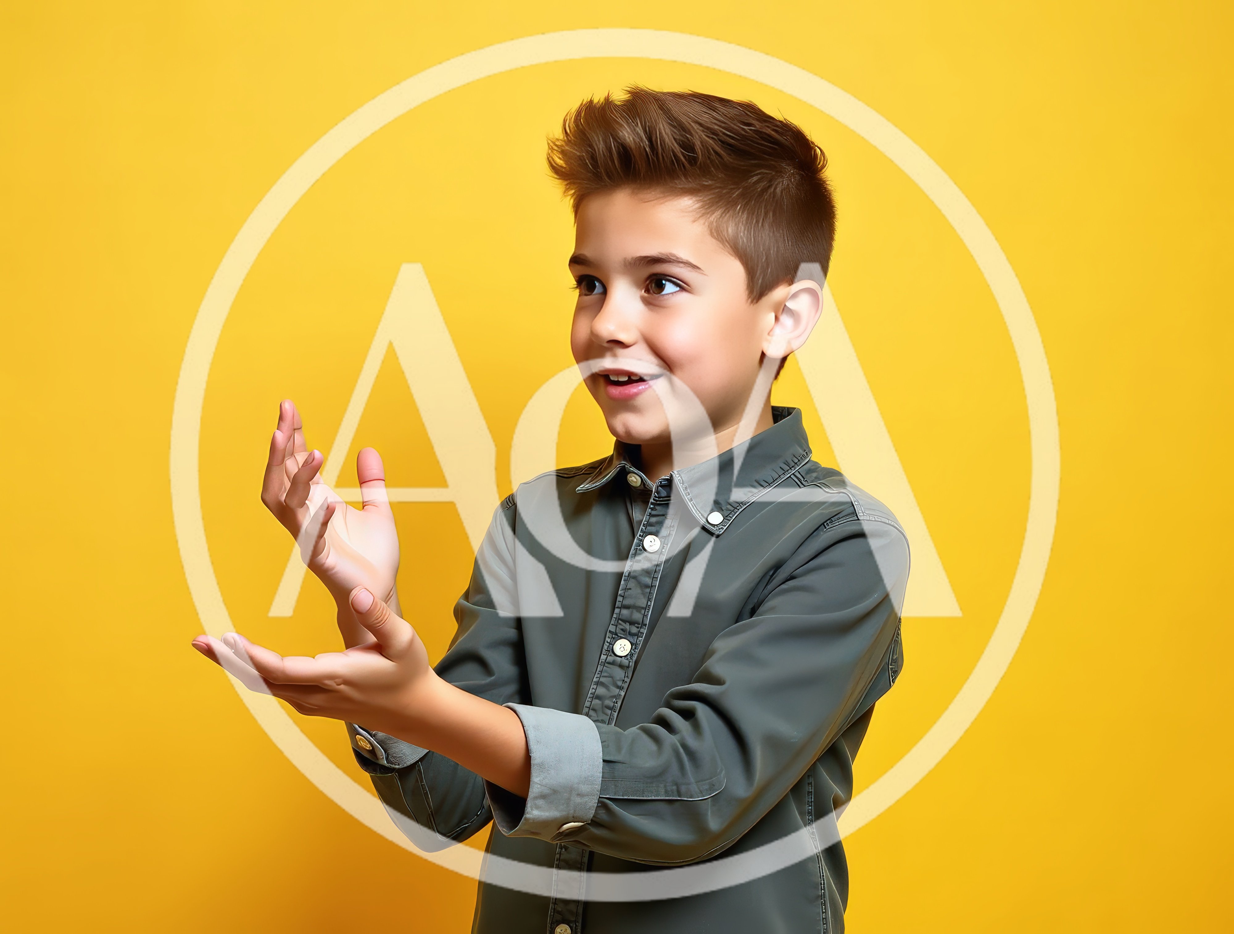 Young Boy Gesturing With Hands Against Yellow Background