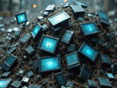 Pile Of Discarded Electronic Tablets And Tangled Wires
