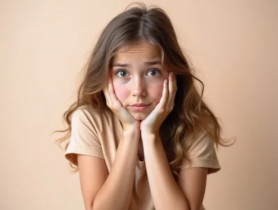 Young Girl Resting Chin On Hands With Concerned Expression