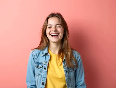Young Woman Laughing Joyfully Against Pink Background