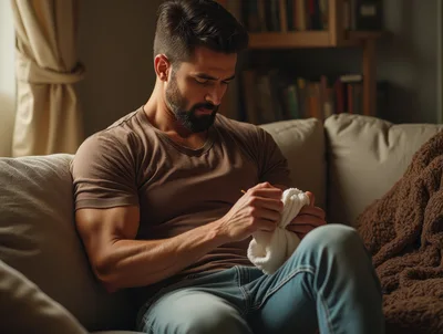 Muscular Man Knitting On A Comfortable Sofa