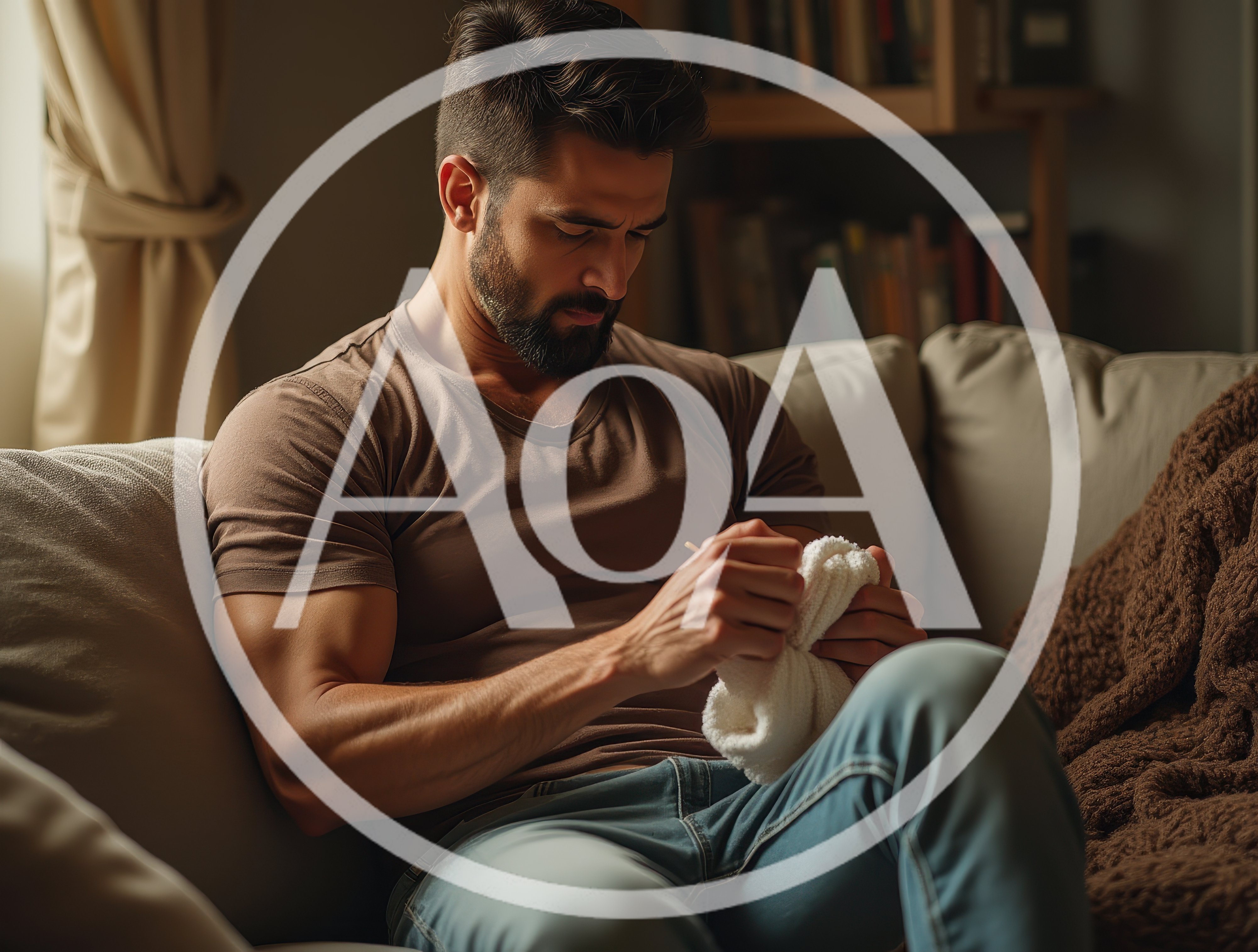 Muscular Man Knitting On A Comfortable Sofa