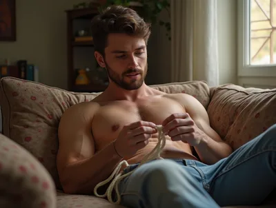 Shirtless Man Sitting On Sofa Playing With Rope