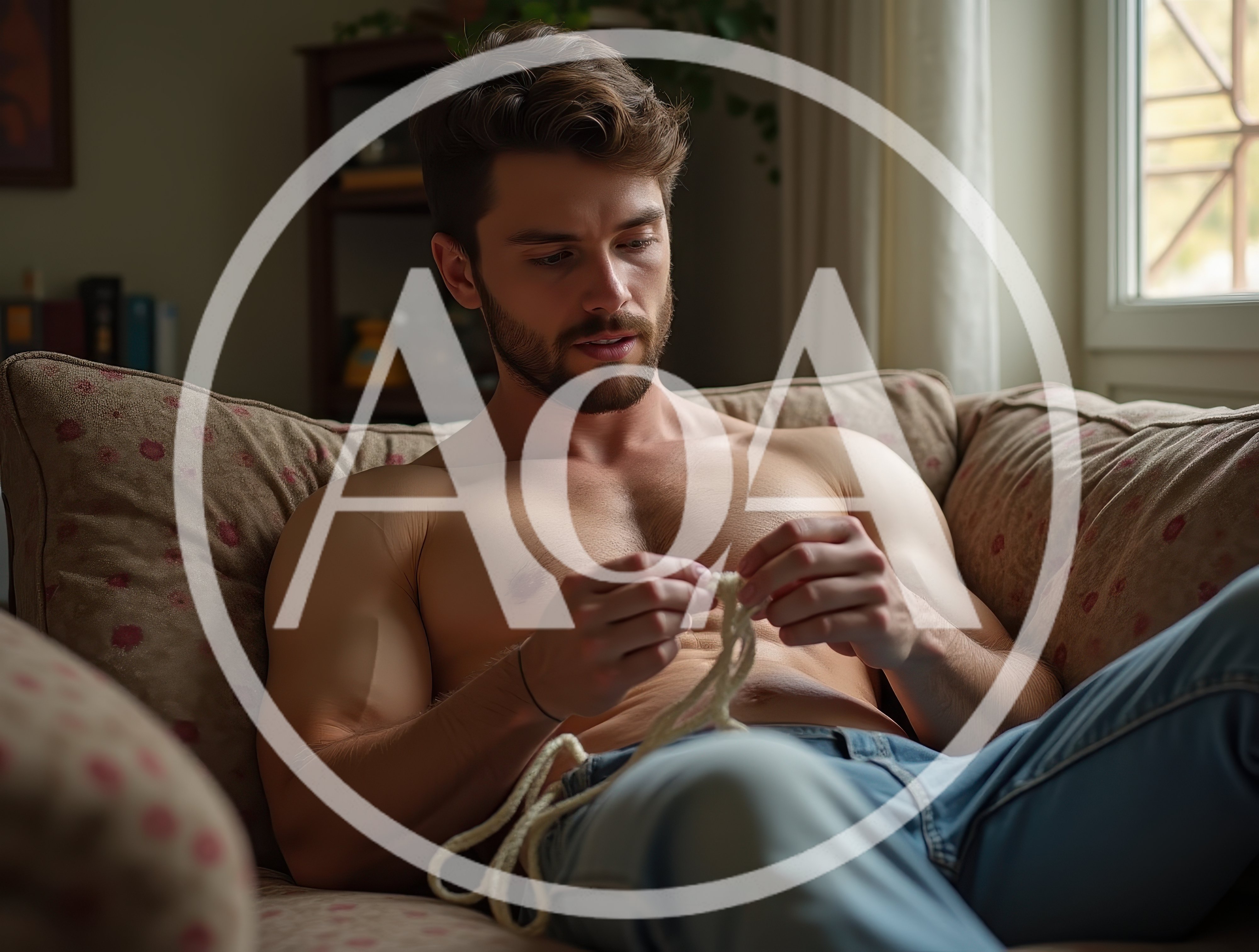 Shirtless Man Sitting On Sofa Playing With Rope